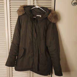 Old Navy Womens Winter Parka Faux Fur Lined Hood Olive Green Size L